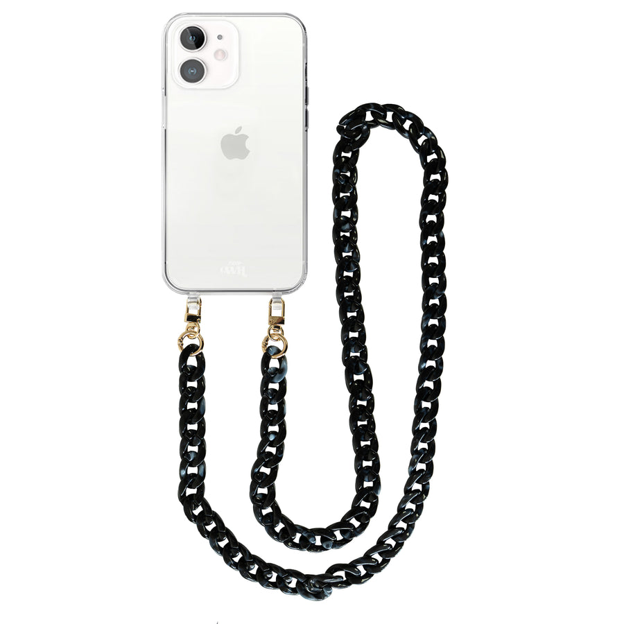 iPhone 12 - Marble Black Transparant Cord Case - Long Cord