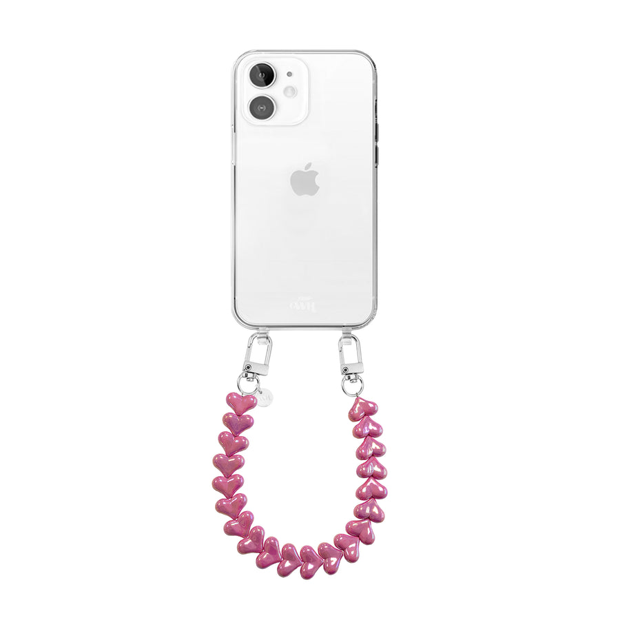 iPhone 12 - Funky Hearts (Fuchia Metal) Transparant Cord Case