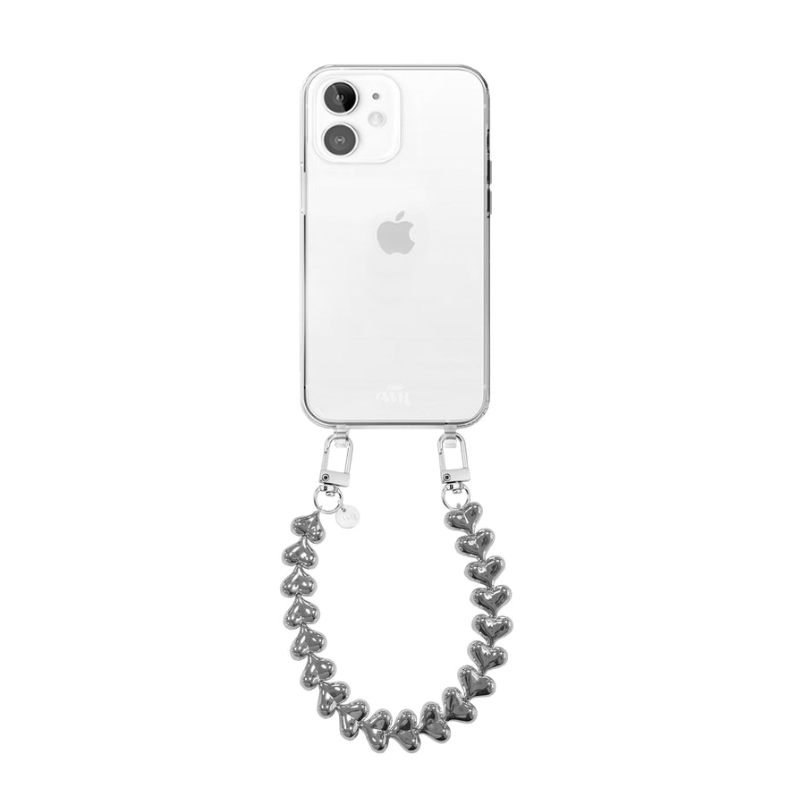 iPhone 12 - Funky Hearts (Silver) Transparant Cord Case