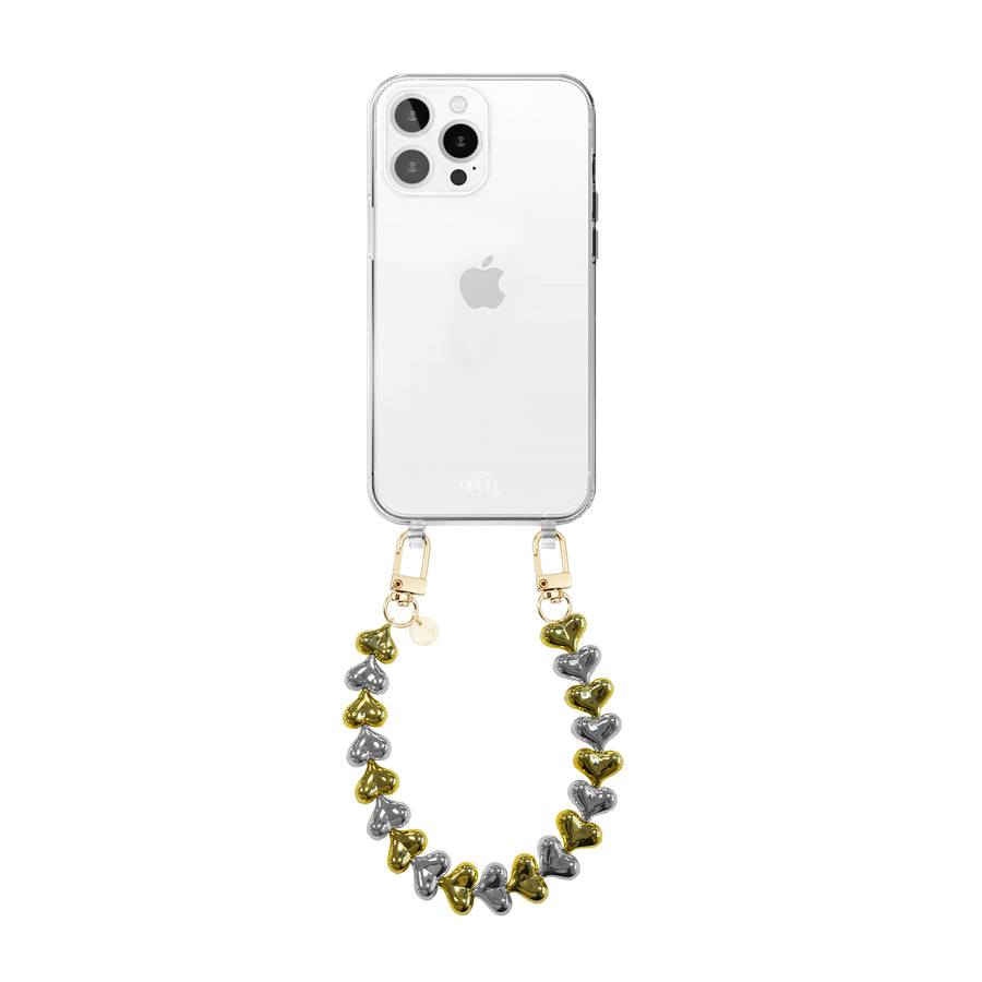 iPhone 16 Pro Max - Funky Hearts (Gold & Silver) Transparant Cord Case