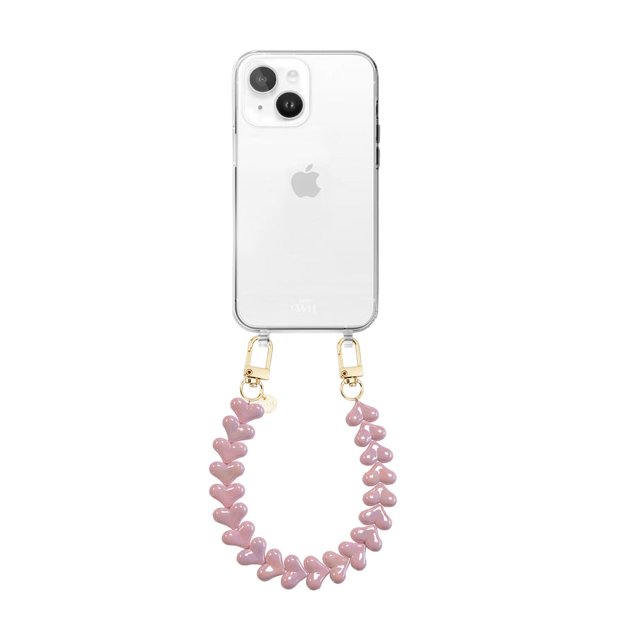 xoxo Wildhearts iPhone 15 - Funky Hearts (Pink Metal) Transparant Cord Case