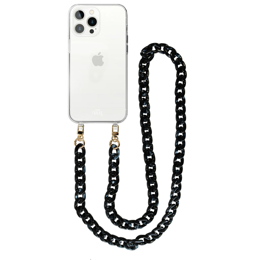 iPhone 14 Pro - Marble Black Transparant Cord Case - Long Cord