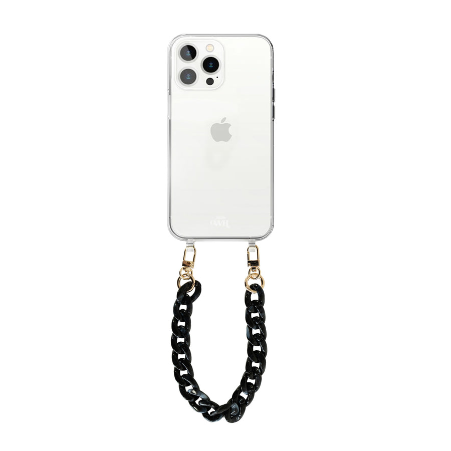 iPhone 14 Pro Max - Marble Black Transparant Cord Case - Short Cord