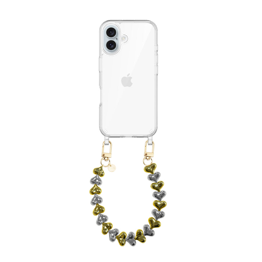 iPhone 16 - Funky Hearts (Gold & Silver) Transparant Cord Case