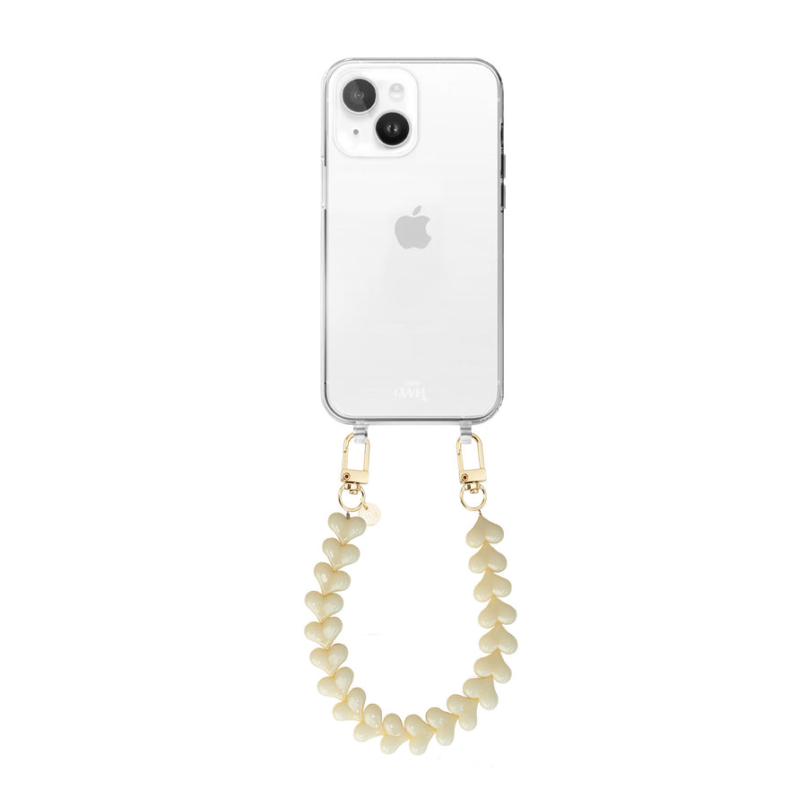 iPhone 14 Plus - Funky Hearts (Creme) Transparant Cord Case