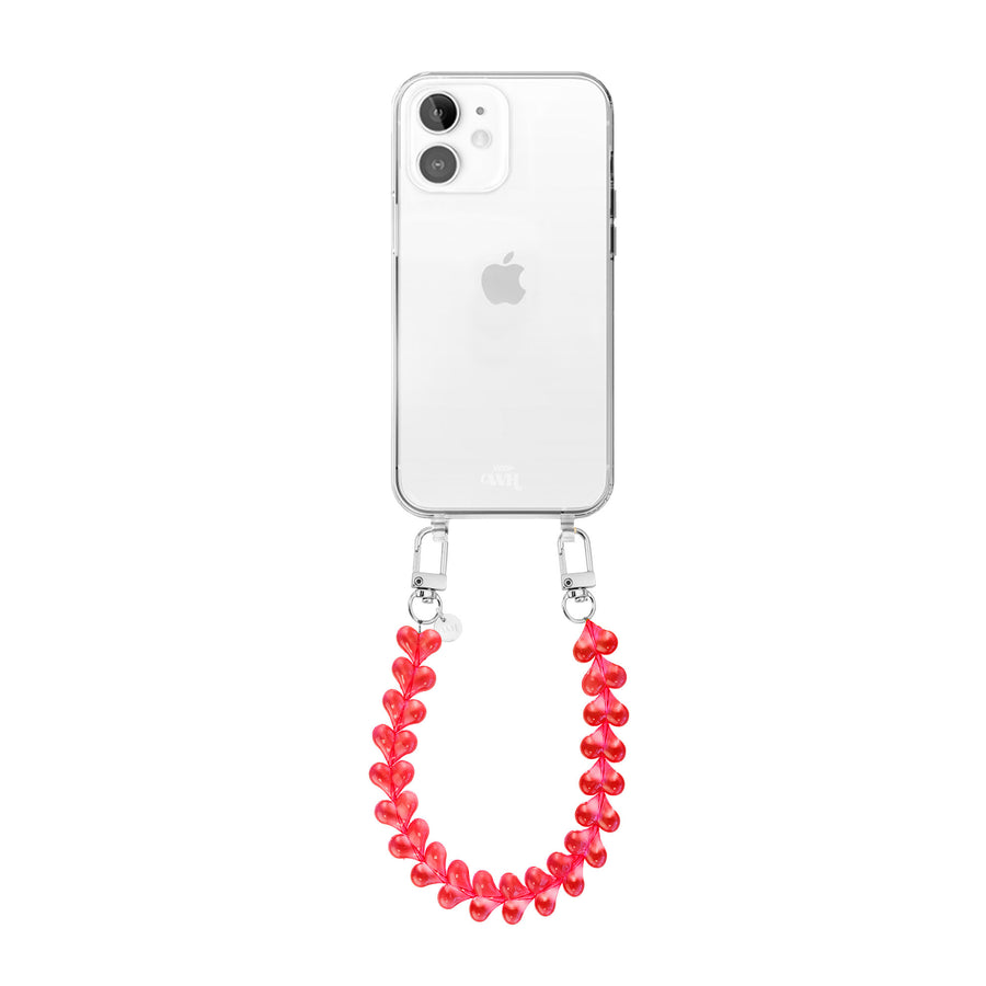 iPhone 12 - Funky Hearts (Transparent Red) Transparant Cord Case