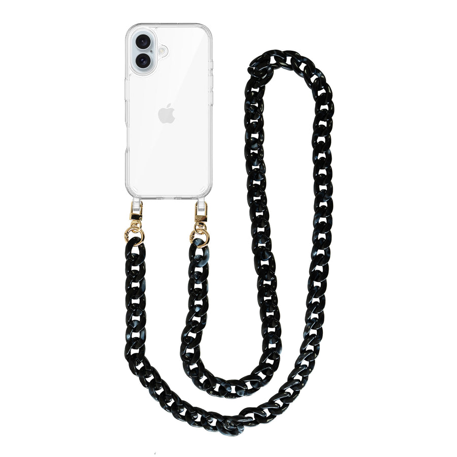 iPhone 16 - Marble Black Transparant Cord Case - Long Cord